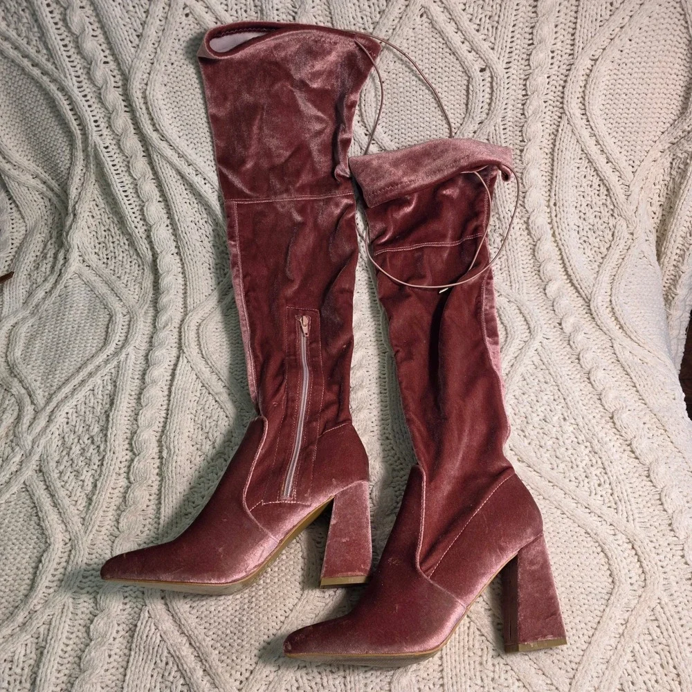 Yoki Bridget Crushed Velvet Over The Knee Boots Pink Pointed Toe Women 7.5